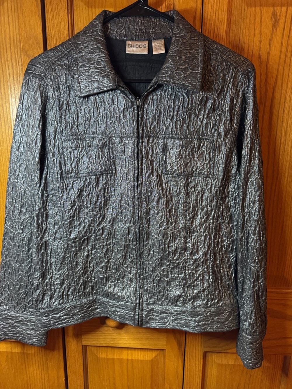 Chico's Shimmery Crinkle Zip Jacket in Silver